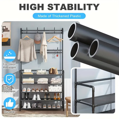 4/5 Layer Multi-Functional Metal Coat Rack with 8 Double Hooks – Space-Saving Storage Solution for Entryway, Living Room, Bathroom and Corridor – Independent Foyer Shoe Rack with Ample Storage