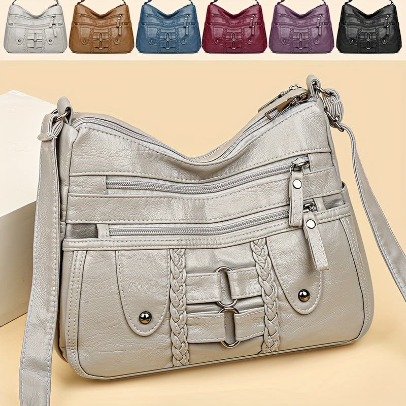 Retro Rivet Crossbody Bag for Women - PU Leather Multi-Zipper Messenger Bag