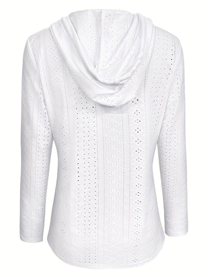 Solid Color Button Eyelet Hoodie – Casual Long Sleeve Drawstring Sweatshirt – Women's Clothing