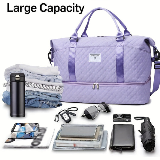 Large Capacity Travel Duffel Bag with Shoe Compartment - Nylon Gym Bag with Cosmetic Pouch, Pull-Out Cover, Hand Washable - Ideal for Weekend and Overnight Trips, Random Print