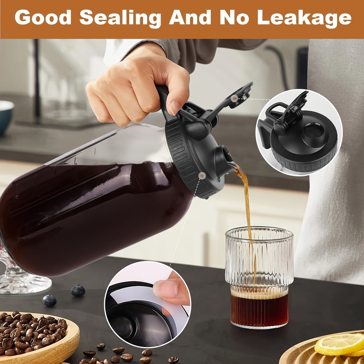 64oz Large Capacity Cold Brew Coffee Maker – Ultra-Dense Filter, 3-Step Brewing, BPA-Free Mason Jar, Includes Cleaning Brush – Effortless Iced Coffee