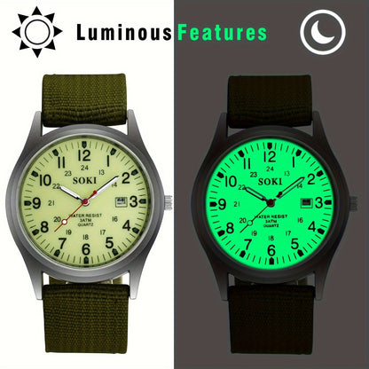 Military Tactical Men's Analog Quartz Watch - Green Nylon Strap, Luminous Dial, 24-Hour Scale, Calendar, Water-Resistant (1ATM), Casual, Business & Sports Gift