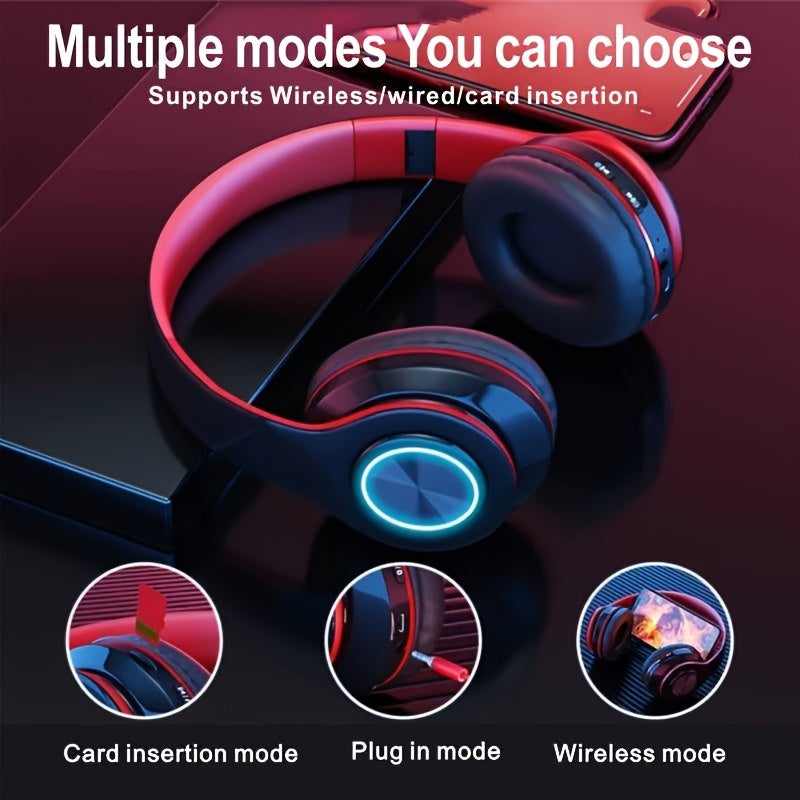 Wireless In-Ear Foldable Luminous Headphones - Colorful LED Lights, Built-in Microphone, FM, SD Card Slot, Wired Option for School, Tablet, PC, TV, Phone, Ideal Travel Gift