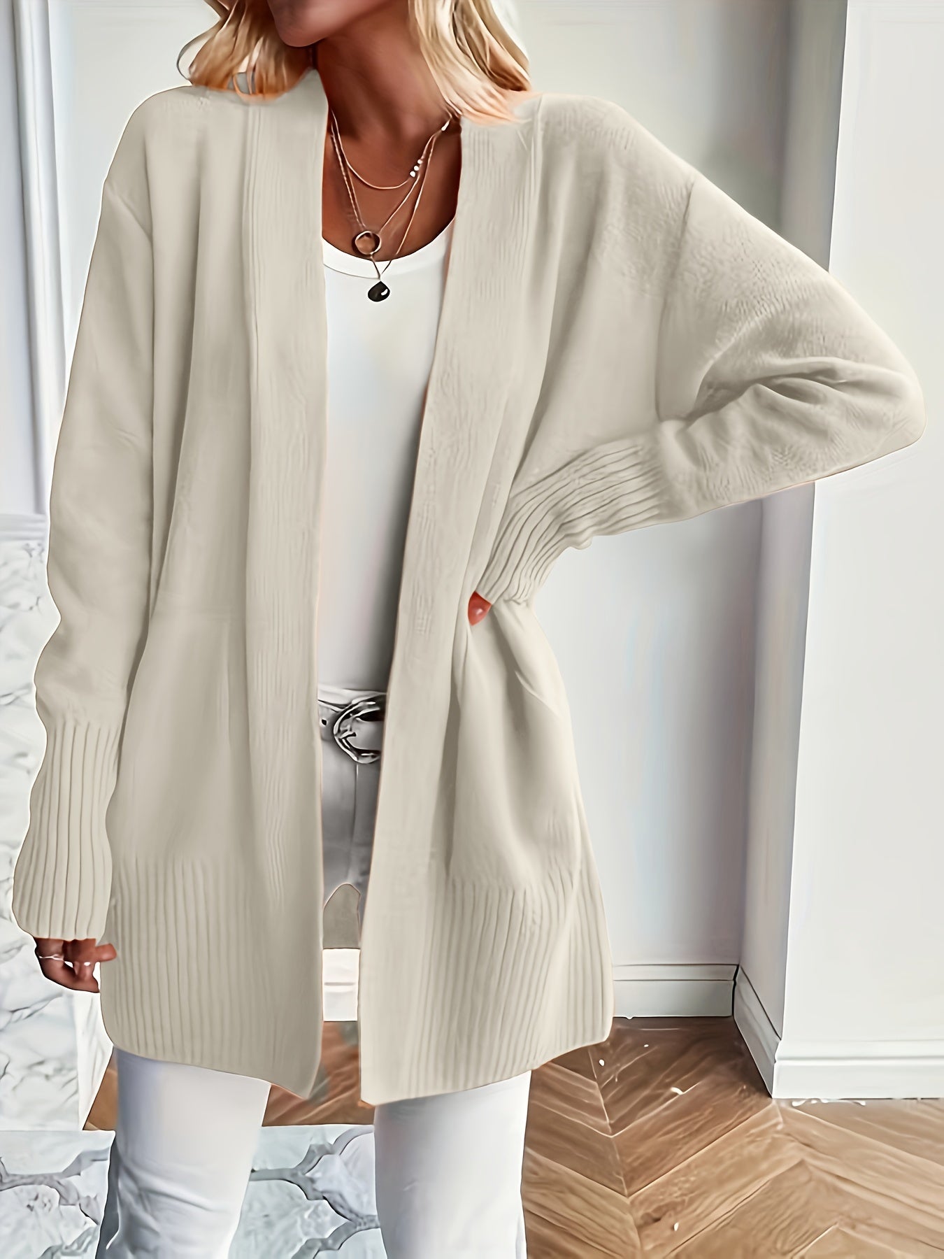Solid Open Front Knit Cardigan - Casual Long Sleeve Loose Sweater with Pockets, Women's Clothing