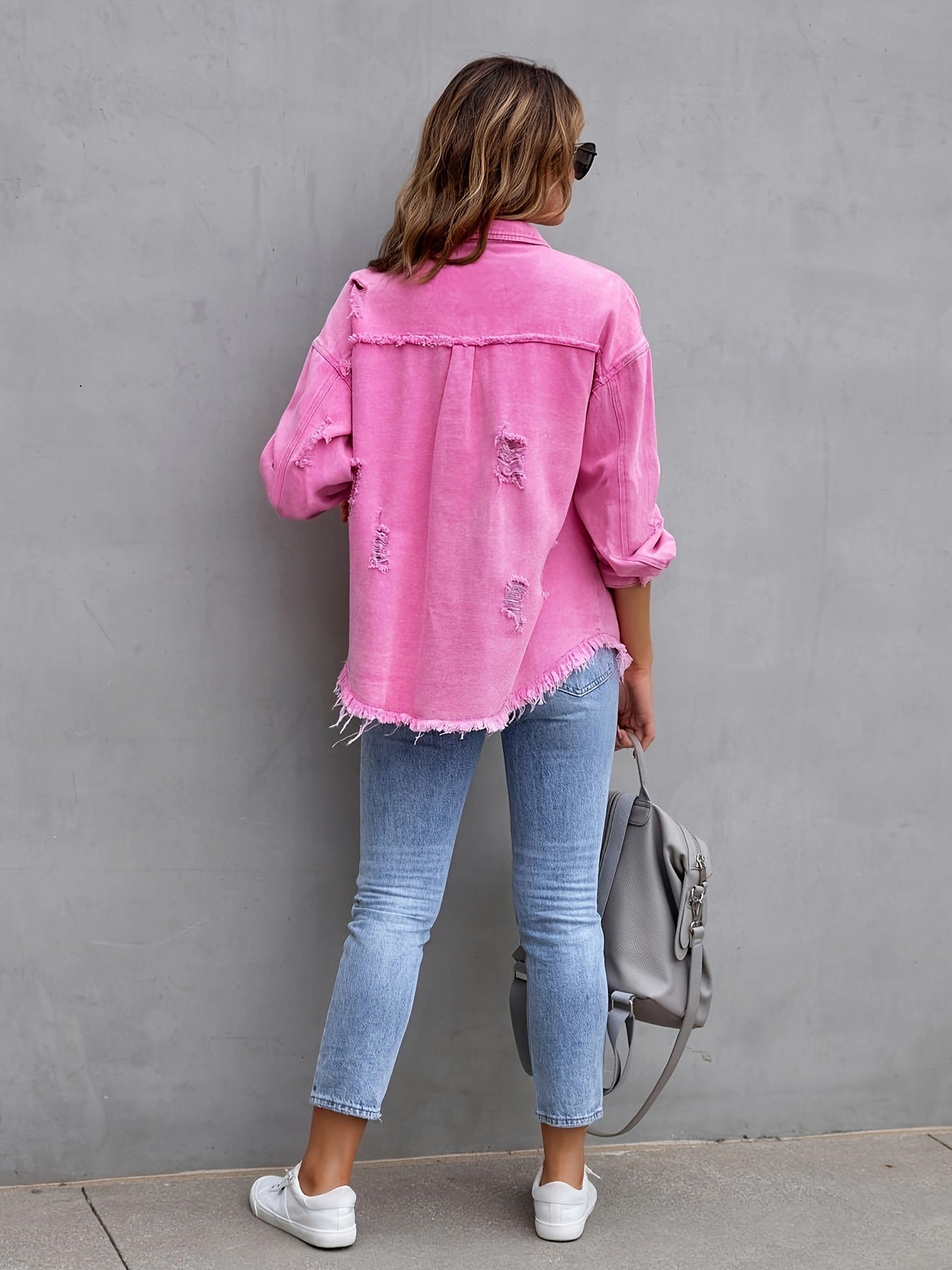 Women's Plus-Size Denim Blazer with Distressed Holes