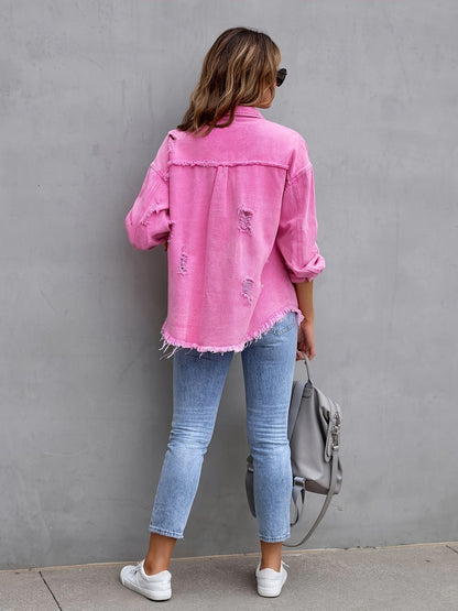 Women's Plus-Size Denim Blazer with Distressed Holes