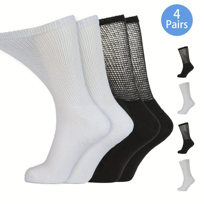 4 Pairs Diabetic Socks - Loose Fit, Non-Binding Seamless Cuff, Extra Wide Crew Socks for Men and Women