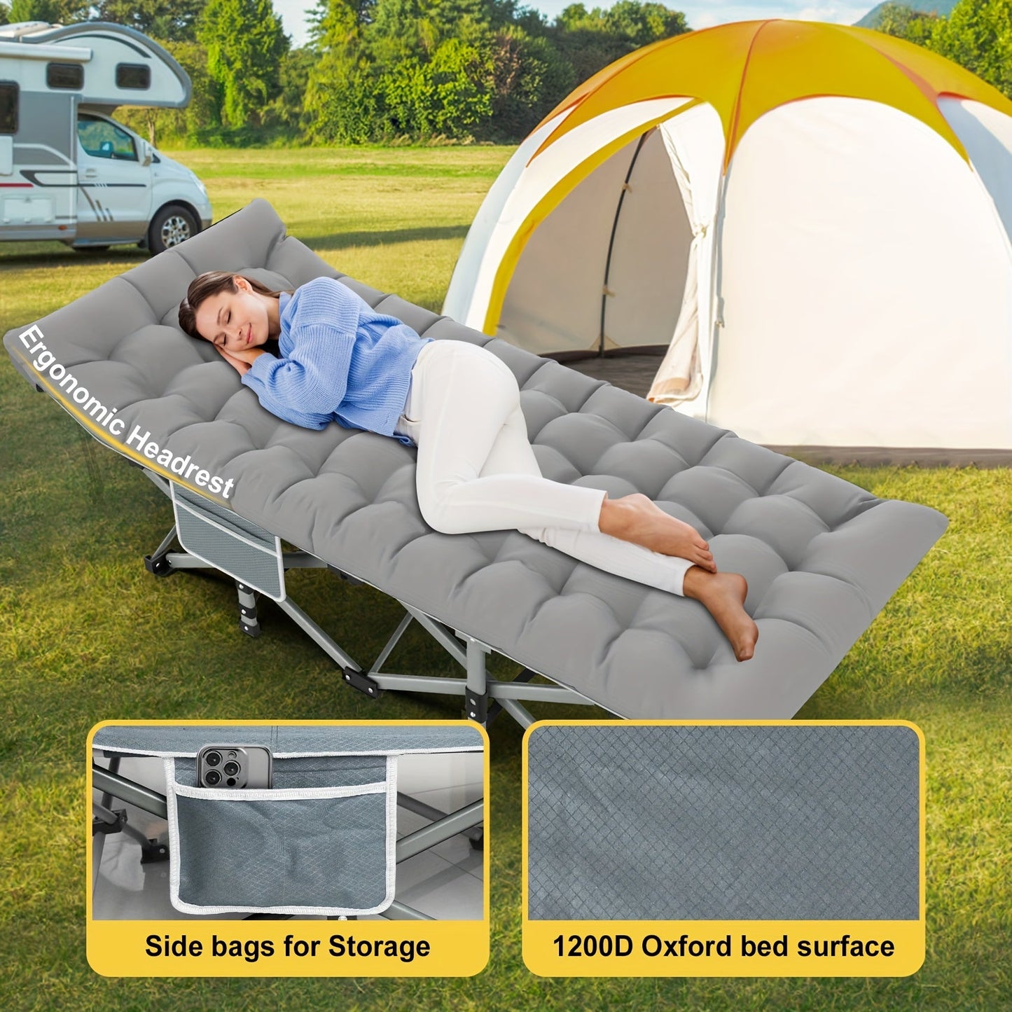 Folding Camping Cot with Mattress – Portable Travel Camp Bed for Adults, Heavy Duty Grey with Carry Bag