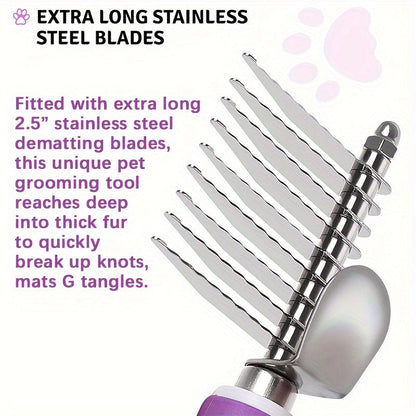Pet Dematting Rake Comb Brush - Detangle Matted Undercoat for Dogs with Steel Safety Blades