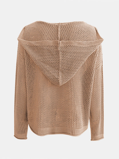 Solid Color Hooded Pullover Sweater – Casual Long Sleeve Cut-Out Knitted Sweater for Spring and Summer – Women's Clothing