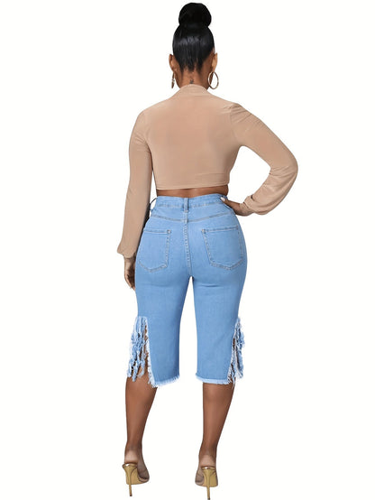 Women's Casual Distressed Denim Midi Shorts – Raw Fringe Hem, Ripped Split Detail – Fashionable Summer Jorts