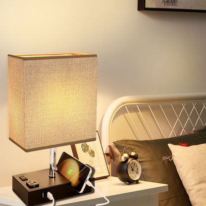 3 Color Temperature Bedside Lamp - Nightstand Table Lamp with 2 USB Ports and AC Outlet - LED Bulb Included - Ideal for Bedroom, Living Room, and Office