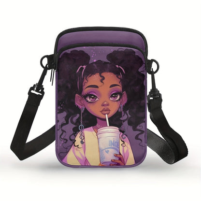 Chic African Girl Print Crossbody Bag - Trendy, Lightweight Double Layer with Adjustable Strap and Zip Closure for Daily Use