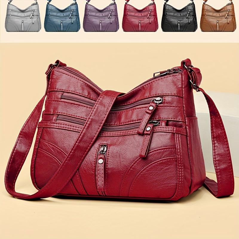 Women's Soft Faux Leather Crossbody Bag - Casual Style Shoulder Purse with Multi Pockets, Adjustable Strap, and Zipper Closure
