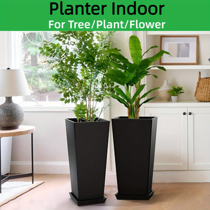 Set of 2 Tall Outdoor Planters – 24 Inch Tapered Square Flower Pots for Indoor & Outdoor Plants, Includes Tray for Trees & Flowers, Black for Patio Garden