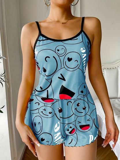 Smiling Face Print Pajama Set - Women's Cute Round Neck Backless Cami Top and Elastic Shorts Sleepwear