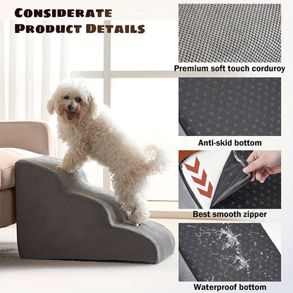 Curved 3-Step Dog Stairs for Small Dogs - 15.7" High, Non-Slip Pet Steps for Couch, Sofa, and Chair, Grey