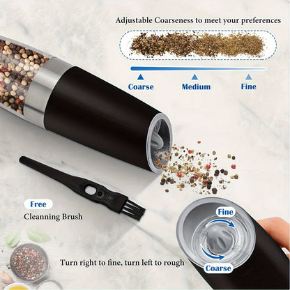 Gravity Electric Salt and Pepper Grinder Set: Battery-Powered with LED Light, One-Handed Automatic Operation, Adjustable Coarseness, Black - Kitchen Gadget Gift Idea