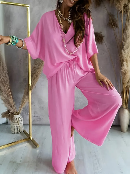 Women's Elegant Solid Color Knit V-Neck Half Sleeve Top and Wide Leg Pants Set – Micro Elasticity, Polyester Fabric, Spring/Summer Casual Outfit