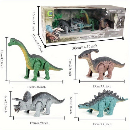 4 Pack Battery-Free Walking Dinosaur Toy Set - Triceratops, Stegosaurus, Brachiosaurus, Tyrannosaurus Rex - Suitable for Ages 3-6