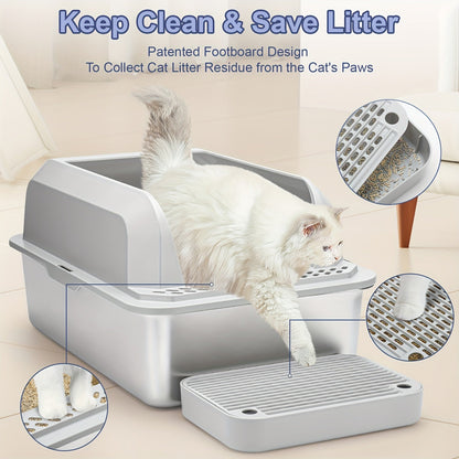 Extra-Large Stainless Steel Cat Litter Box with Lid - Open-Top, High-Sided, Leak-Proof, Easy Clean, Includes Scoop, Durable ABS and Plastic, Odor-Free with Separate Base