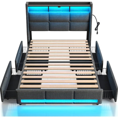Twin Full Queen Bed Frame with LED Lighting and Charging Station - PU Leather/Neutral Linen Storage Headboard, Drawers, Heavy Duty Wood Slats, Easy Assembly - Modern Bedroom Furniture Upgrade