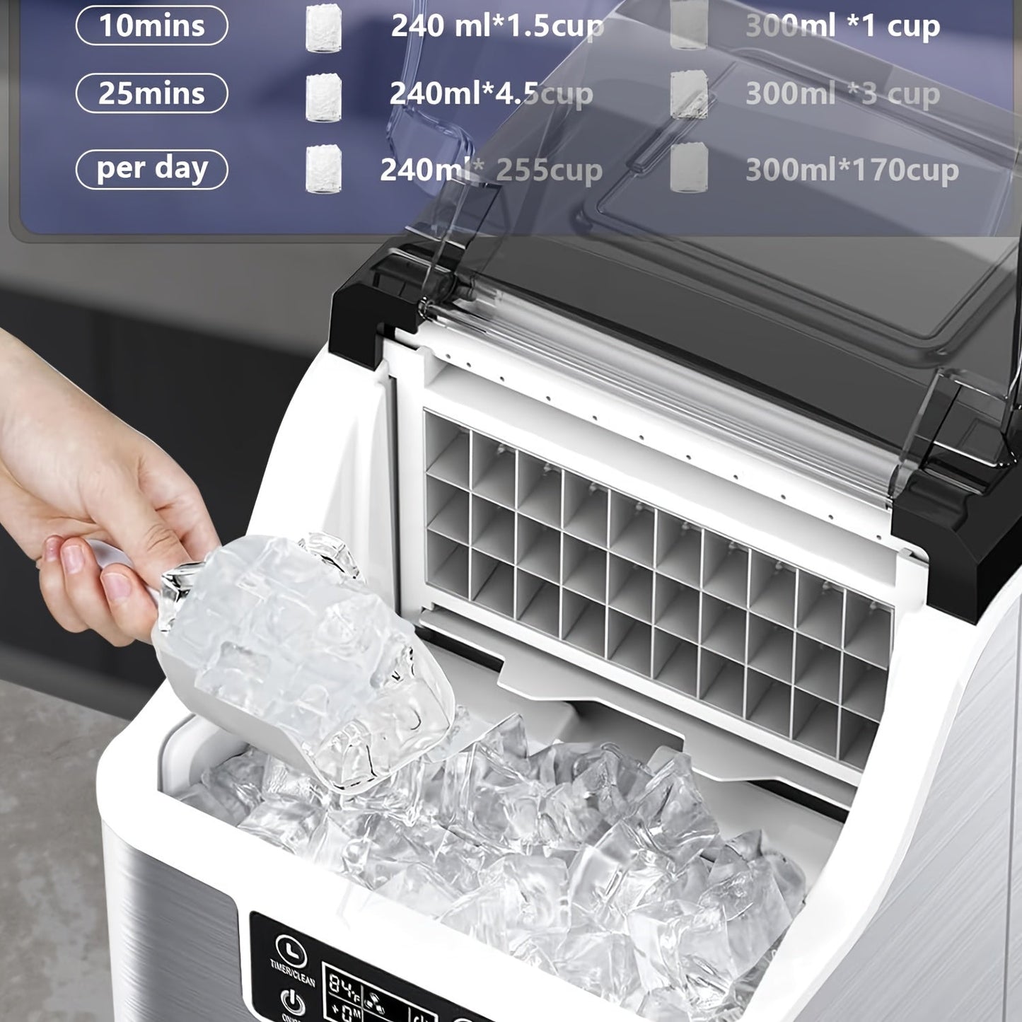 Countertop Ice Maker – 45lbs Capacity, 2-Way Water Supply, Self-Cleaning, Ice Size Control, 24H Timer – Stainless Steel Ice Machine for Home Bar, RV, and Parties (Black)