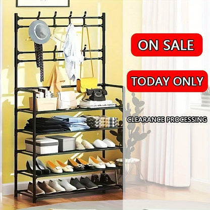 4/5 Layer Multi-Functional Metal Coat Rack with 8 Double Hooks – Space-Saving Storage Solution for Entryway, Living Room, Bathroom and Corridor – Independent Foyer Shoe Rack with Ample Storage