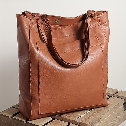 Retro Solid Color Tote Bag – Oil Leather PU Shoulder Bag, Multi-Pocket Handbag for Daily Use
