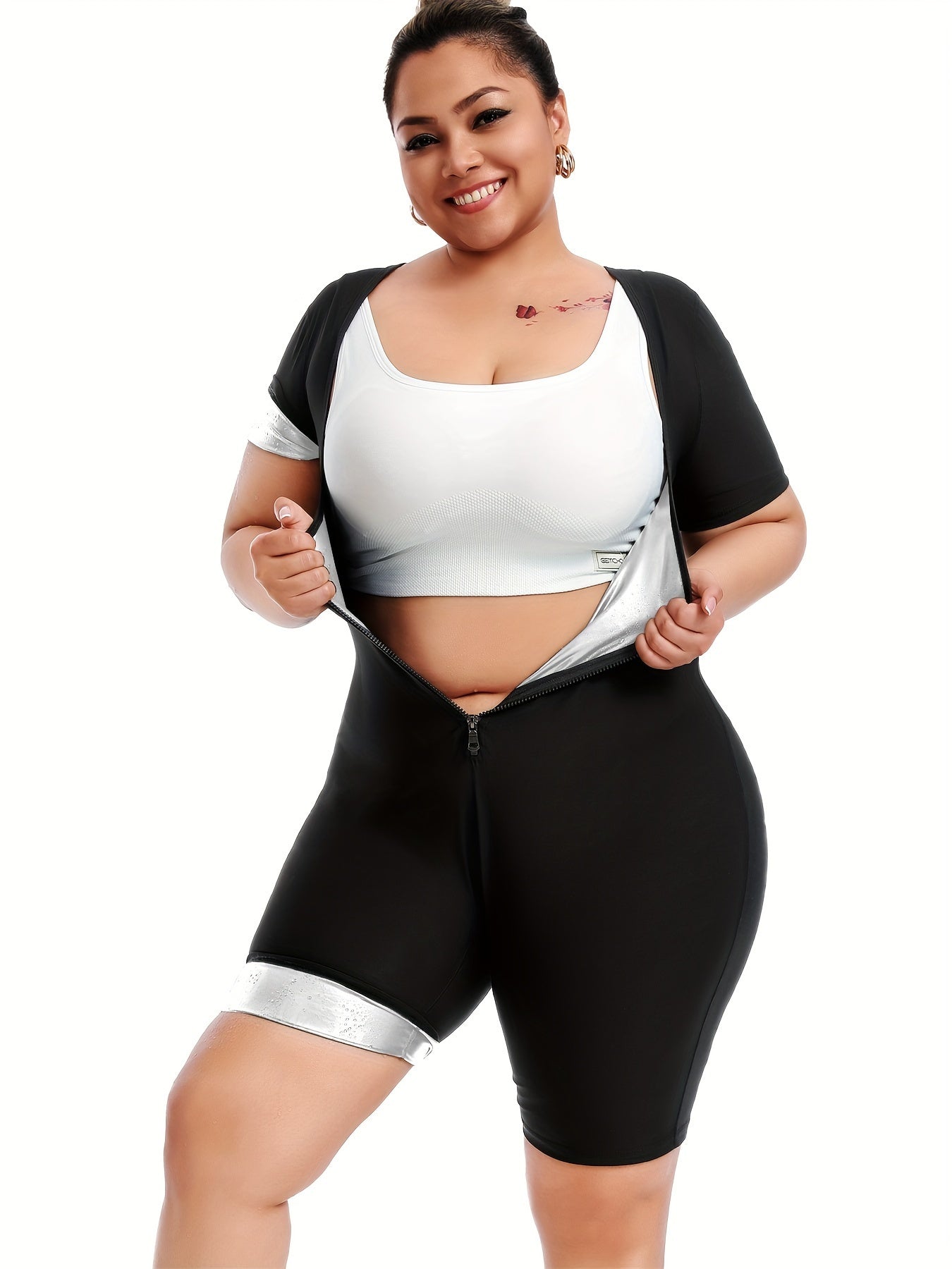 Women's Plus Size Zipper Short Sleeve Sweat Jumpsuit – Running Sweat Fitness Yoga Body Shaper Tunic with Butt Lifting Design