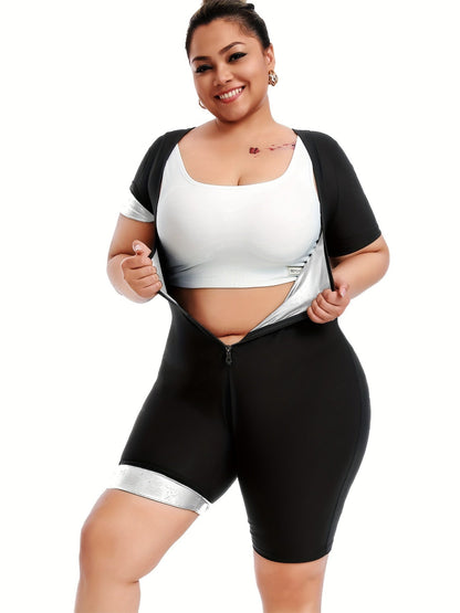 Women's Plus Size Zipper Short Sleeve Sweat Jumpsuit – Running Sweat Fitness Yoga Body Shaper Tunic with Butt Lifting Design