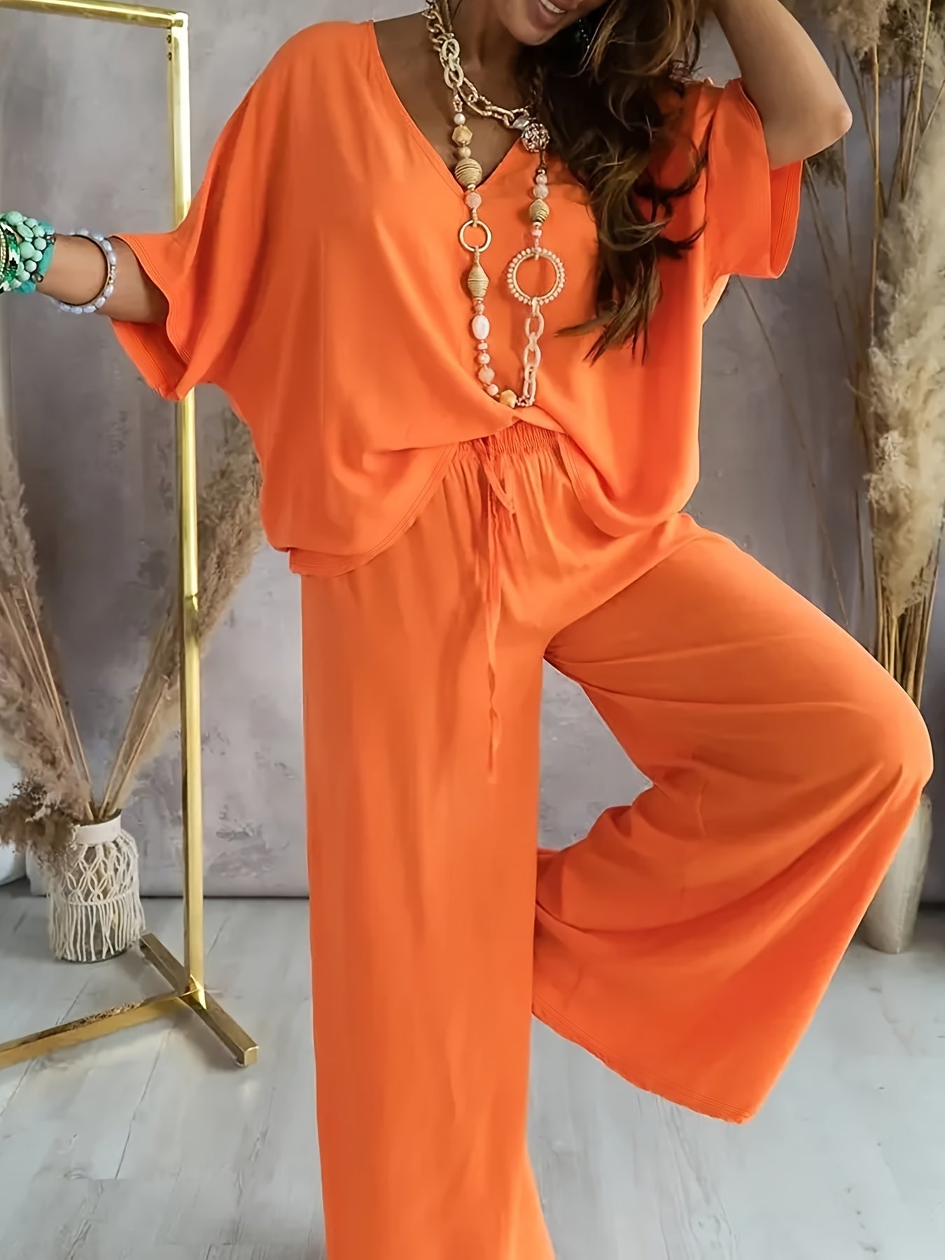 Women's Elegant Solid Color Knit V-Neck Half Sleeve Top and Wide Leg Pants Set – Micro Elasticity, Polyester Fabric, Spring/Summer Casual Outfit