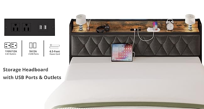ANCTOR Bed Frame – Twin to California King Sizes, Storage Headboard with Outlets, No Noise, No Box Spring Needed