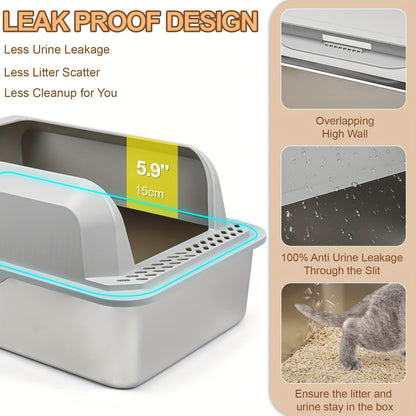 Extra-Large Stainless Steel Cat Litter Box with Lid - Open-Top, High-Sided, Leak-Proof, Easy Clean, Includes Scoop, Durable ABS and Plastic, Odor-Free with Separate Base