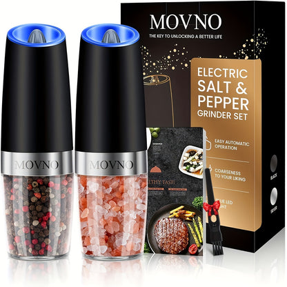 Gravity Electric Salt and Pepper Grinder Set: Battery-Powered with LED Light, One-Handed Automatic Operation, Adjustable Coarseness, Black - Kitchen Gadget Gift Idea