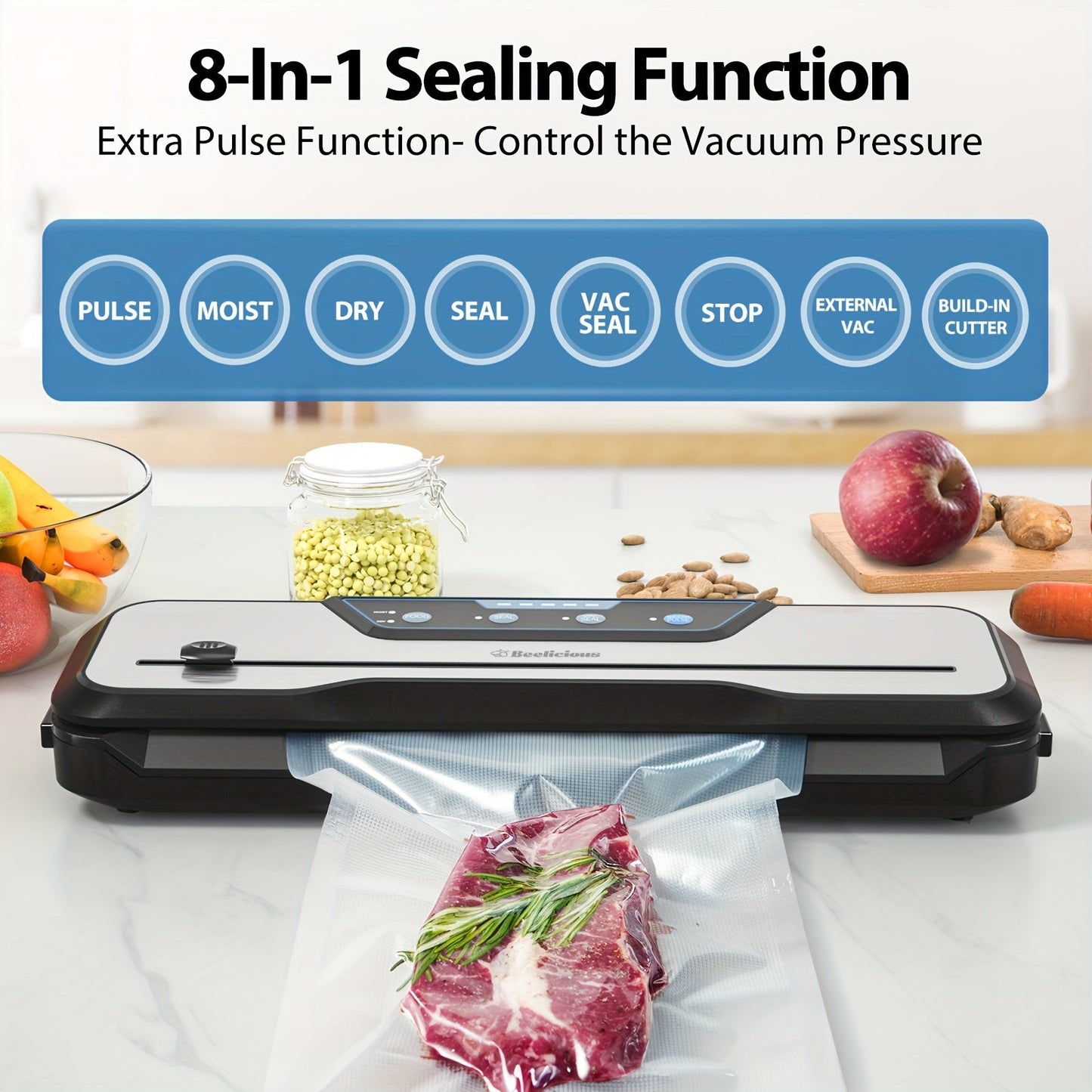 Beelicious Vacuum Sealer Machine Set – Automatic Air Sealing System with Starter Kit, Built-in Cutter, Moist Mode, Air Suction Hose, LED Indicator, Quiet, 50% Compact, 2-Year Warranty, Sous Vide