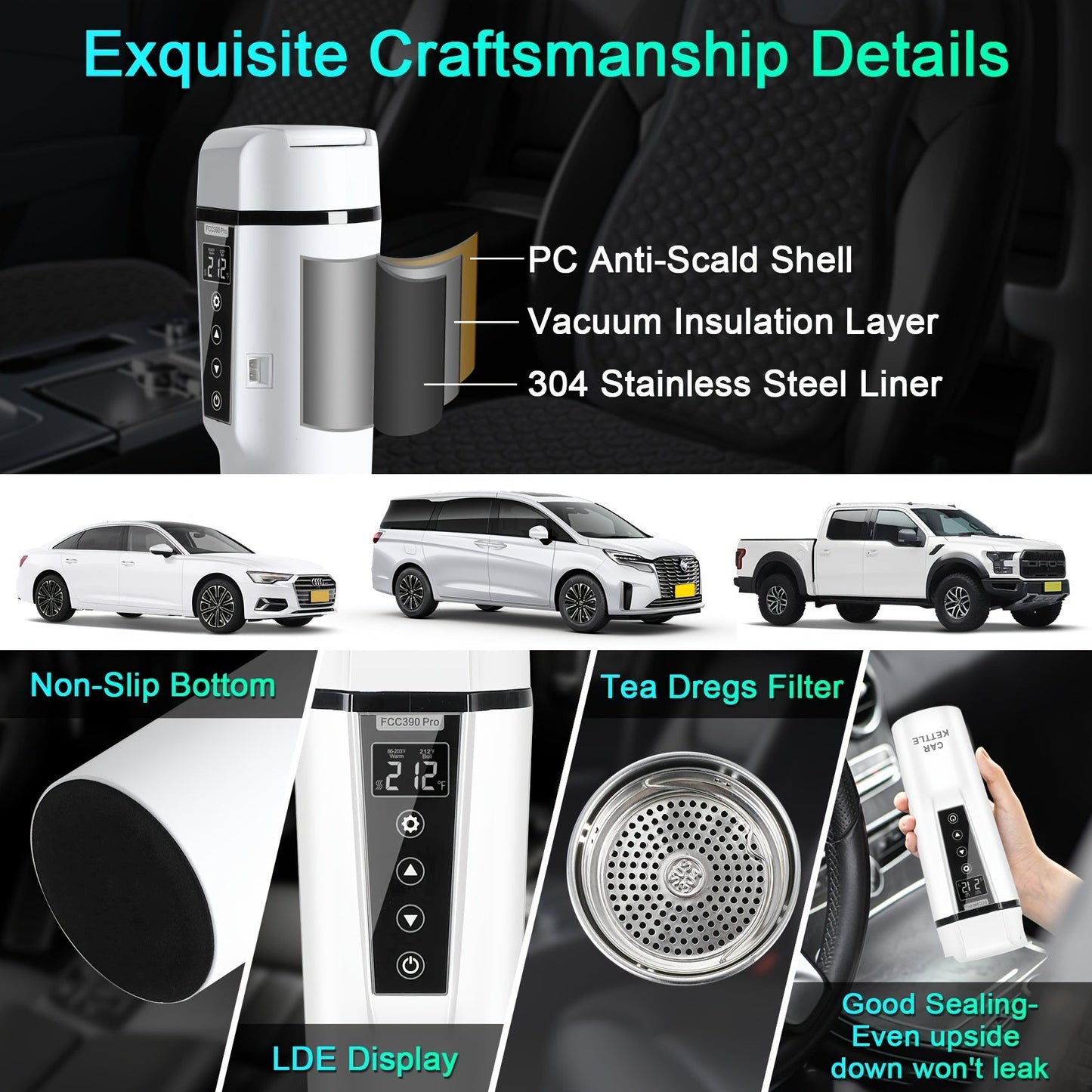12V/24V Car Electric Kettle - Travel Portable Fast Water Boiler and Heater with Adjustable Temperature - 304 Stainless Steel Travel Mug for Coffee and Tea, Dry Burn Protection