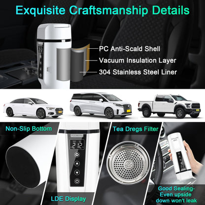 12V/24V Car Electric Kettle - Travel Portable Fast Water Boiler and Heater with Adjustable Temperature - 304 Stainless Steel Travel Mug for Coffee and Tea, Dry Burn Protection
