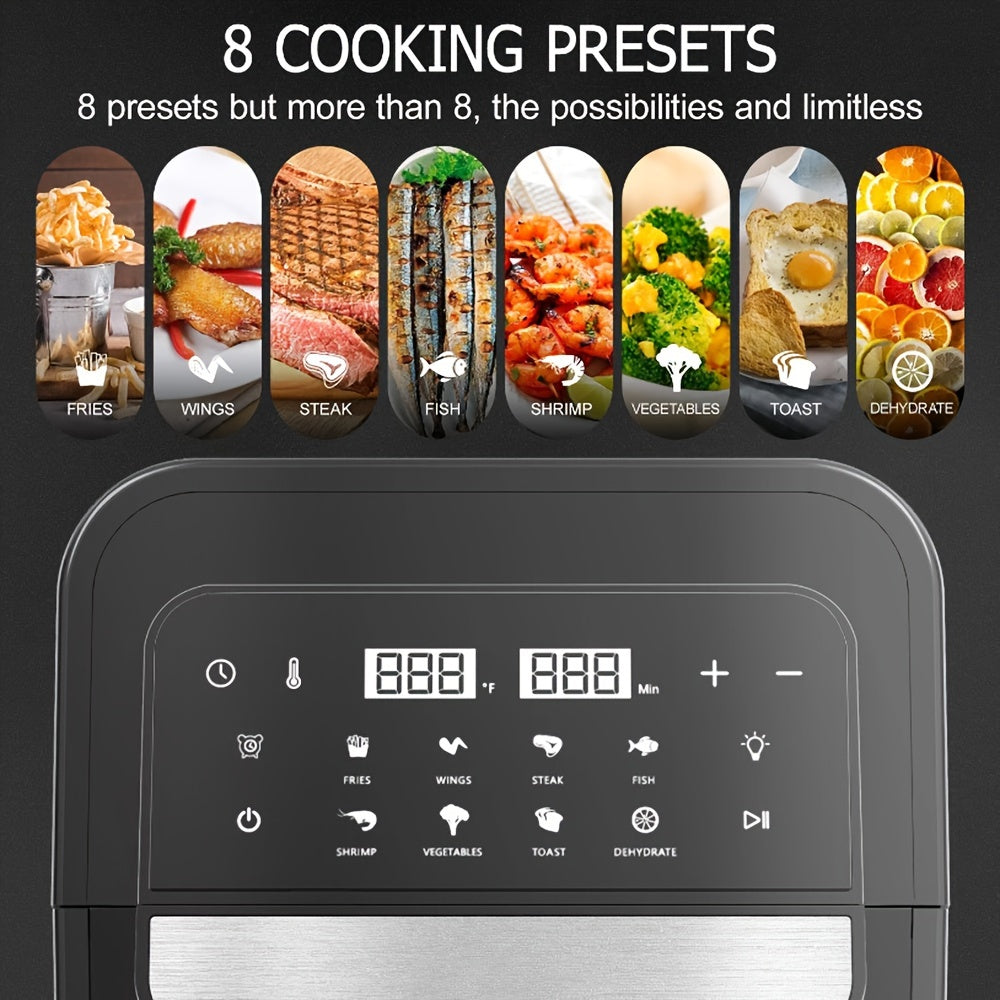 6.5 Qt Large Capacity 8-in-1 Air Fryer Toaster Oven Combo - LCD Touchscreen, Stainless Steel Rack and Non-Stick Basket - Healthy Cooking, Space-Saving Design - Black