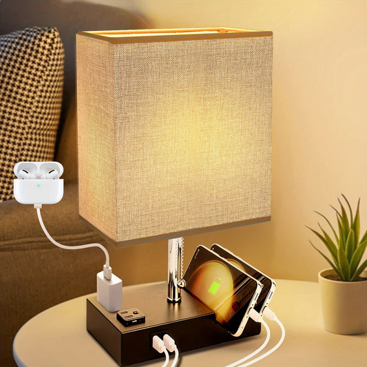 3 Color Temperature Bedside Lamp - Nightstand Table Lamp with 2 USB Ports and AC Outlet - LED Bulb Included - Ideal for Bedroom, Living Room, and Office