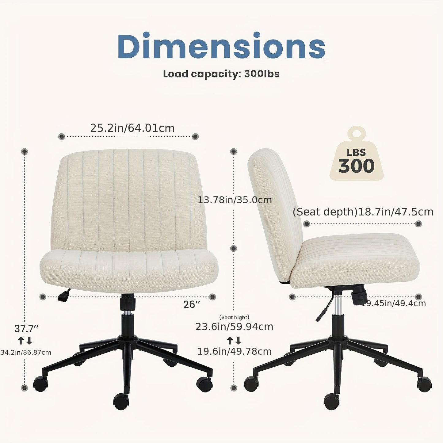 Criss Cross Office Chair with Wheels - Wide Armless Desk Chair, Adjustable Swivel, Comfy for Home and Vanity
