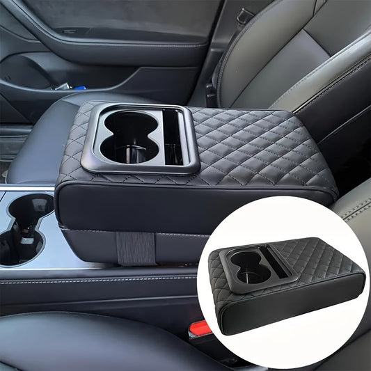 Memory Foam Car Armrest Pillow with Cup and Phone Holder - Luxury Faux Leather Center Console Cushion for Enhanced Comfort - Fits Most Vehicles