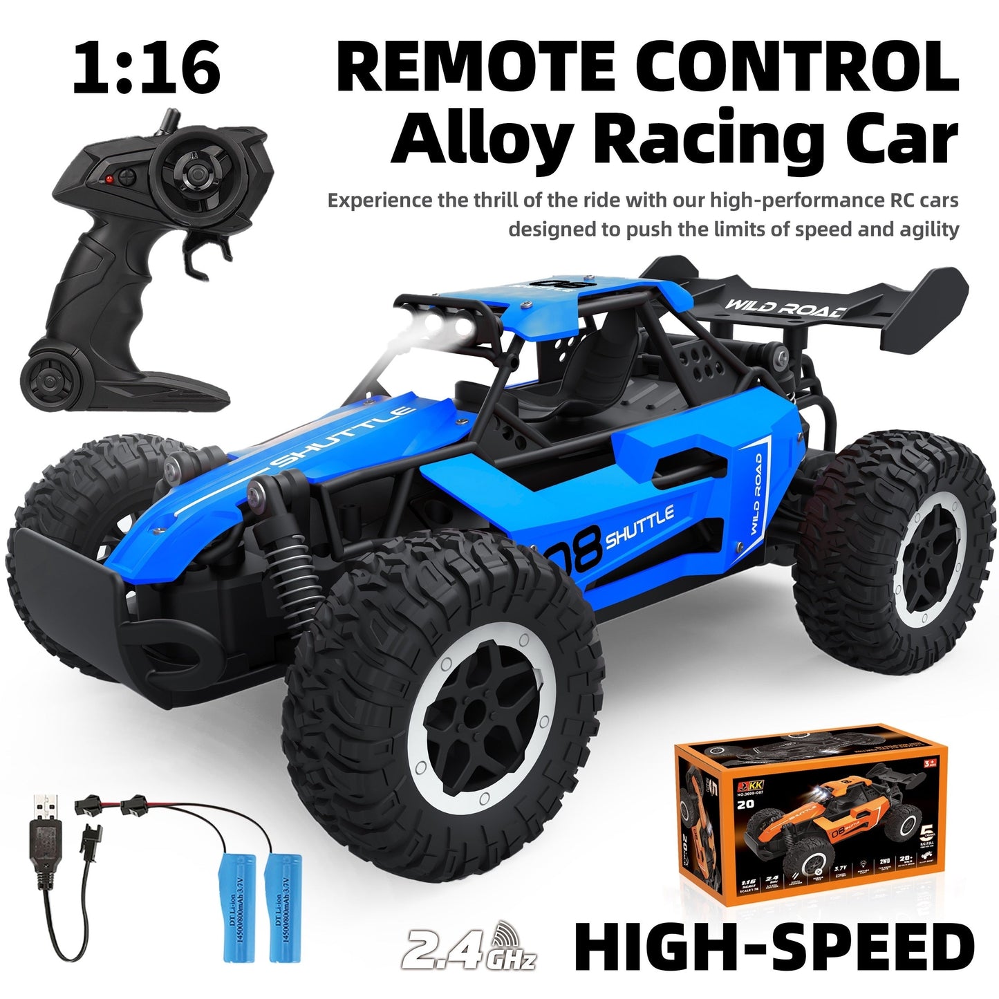 2.4G Double Battery 1:16 Alloy RC Car – High-Speed Up to 20 Km/h, All-Terrain Off-Road Capability, Remote Control – Ideal Electric Toy Car for Halloween and Christmas Gifts