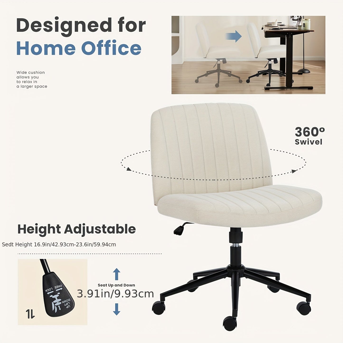 Criss Cross Office Chair with Wheels - Wide Armless Desk Chair, Adjustable Swivel, Comfy for Home and Vanity
