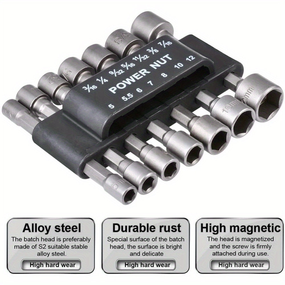 14-Piece Power Nut Driver Bit Set - 1/4" Hex Shank, CR-V Steel, Screwdriver Socket Bits for Power Tools, Sizes 5-13mm, No Battery Required