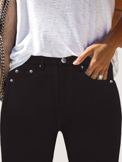 Women's High Waist Stretch Jeans - Street Style Skinny Denim Pants with Metal Button Details, Plain Black Casual Fashion