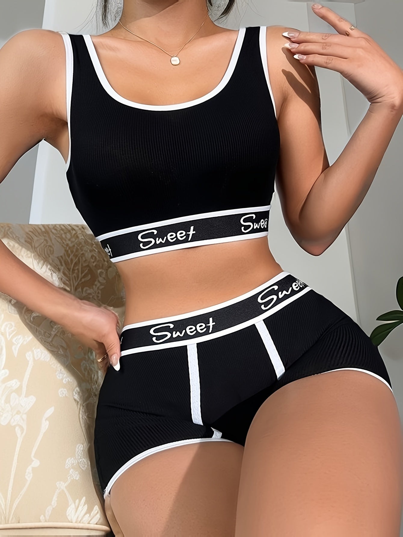 Breathable Solid Sport Bra and Panty Set - Push-Up Bra and Panties Lingerie, Women's Underwear