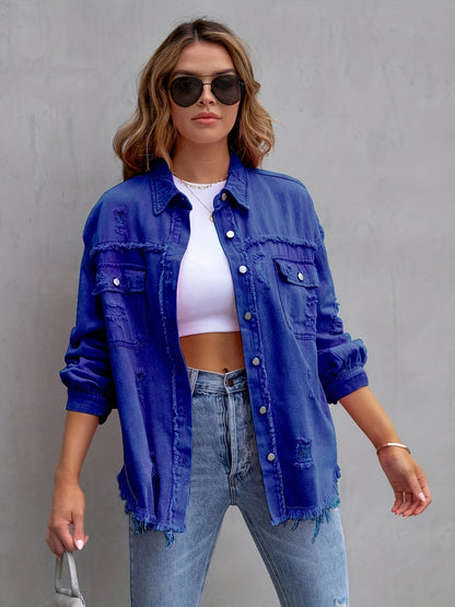 Women's Plus-Size Denim Blazer with Distressed Holes