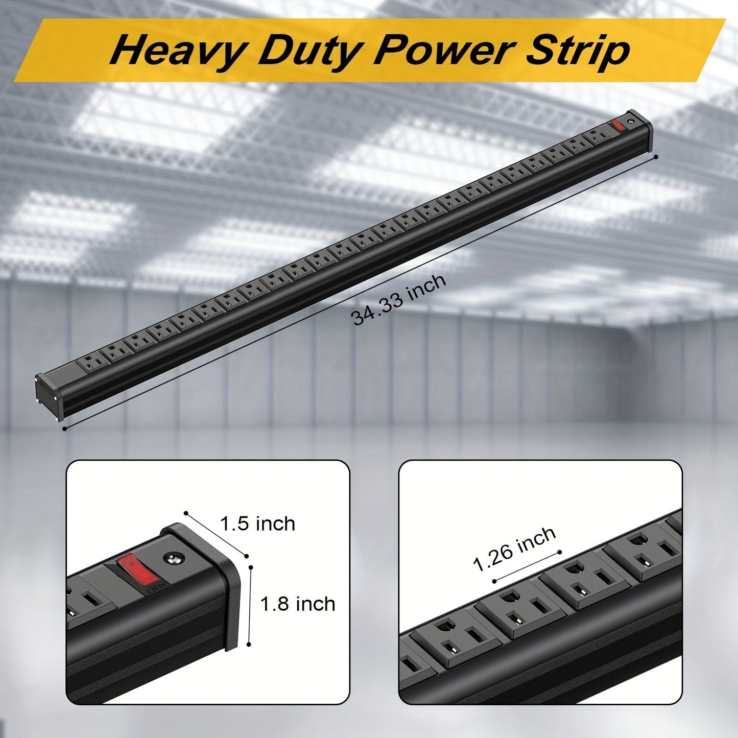 24 Outlet Heavy Duty Metal Power Strip - 10 Ft Extension Cord, Wall Mountable, Surge Protected, Space-Saving Design for Industrial, Commercial, and Home Use