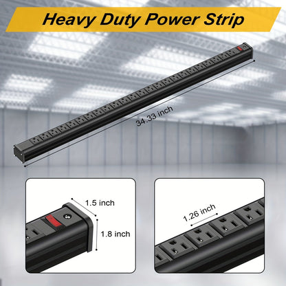 24 Outlet Heavy Duty Metal Power Strip - 10 Ft Extension Cord, Wall Mountable, Surge Protected, Space-Saving Design for Industrial, Commercial, and Home Use